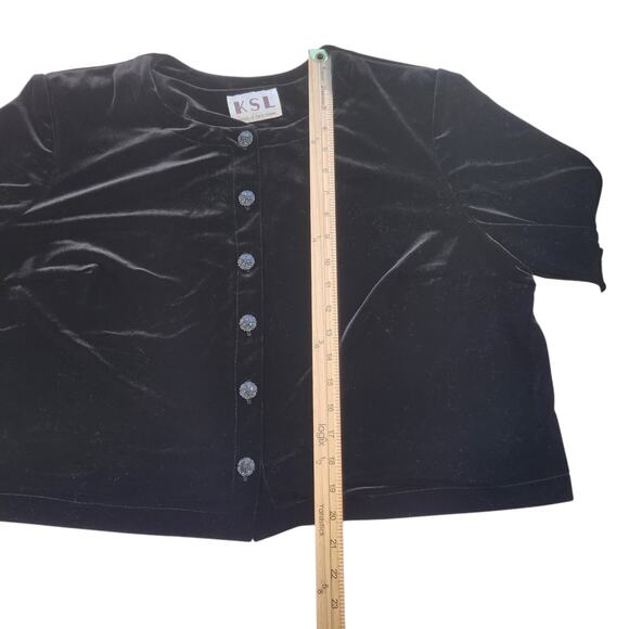 Vintage Velour Cardigan Womens Medium Small Black Long Sleeve Shiny Button Up - Picture 11 of 12